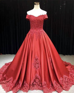 Lace Embroidery Satin Sweep Train Wedding Dresses Ball Gowns