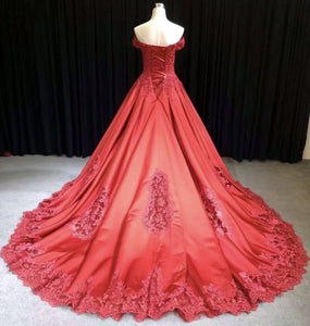 Lace Embroidery Satin Sweep Train Wedding Dresses Ball Gowns