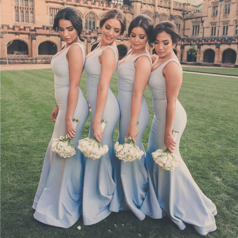 Simple Satin V-neck  Long Mermaid Bridesmaid Dresses