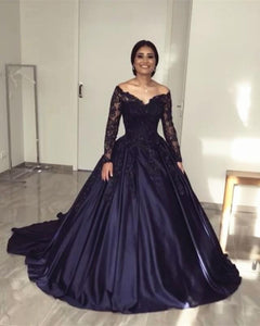 Lace Long Sleeves Off Shoulder Satin Wedding Dresses Ball Gowns