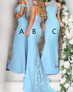 Load image into Gallery viewer, Luxurious Lace Flower Long Jersey Court Train Mermaid Bridesmaid Dresses
