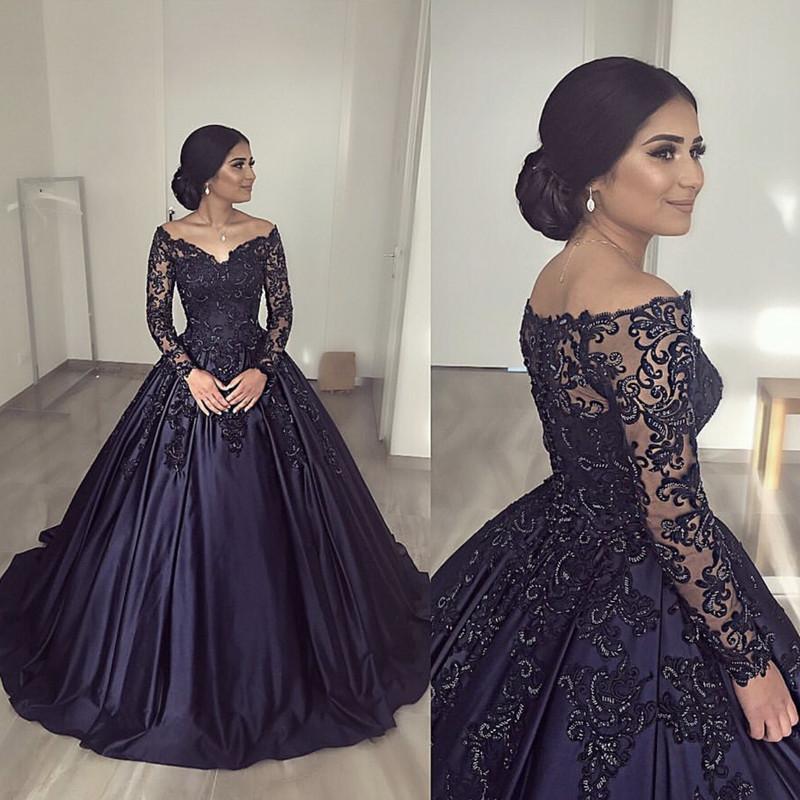Lace Long Sleeves Off Shoulder Satin Wedding Dresses Ball Gowns