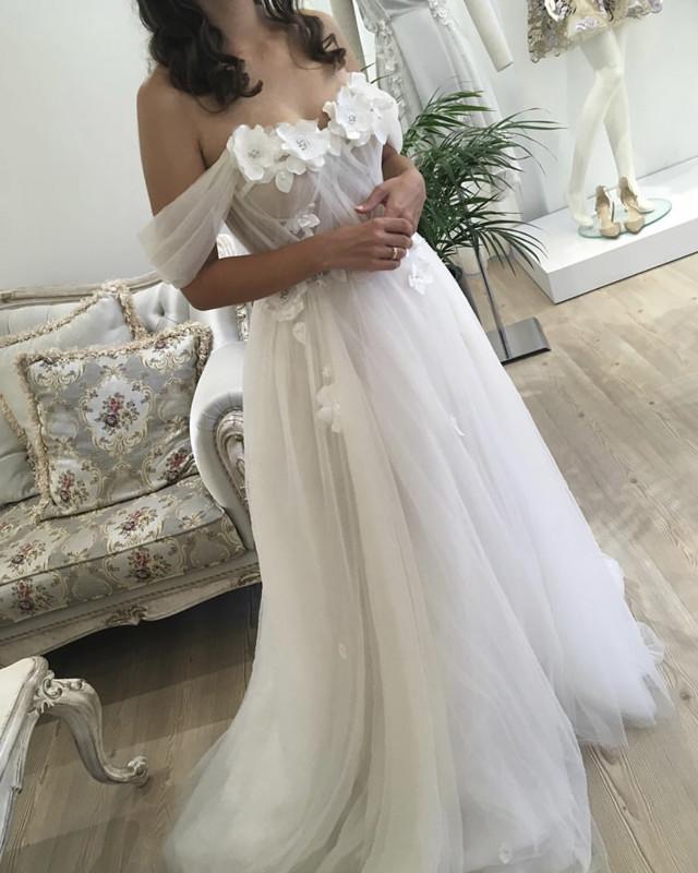 Beautiful Flowers Beaded Off Shoulder Tulle Wedding Dresses