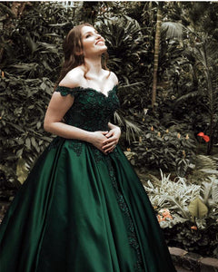 Gorgeous Lace Flower Beaded V-neck Emerald Green Prom Dress Ball Gowns
