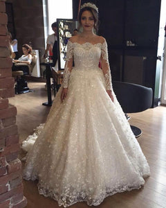 Illusion Neckline Long Sleeves Lace Wedding Dresses Ball Gowns