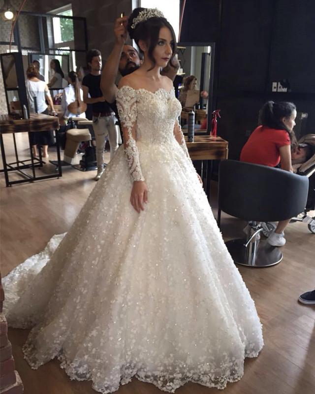 Illusion Neckline Long Sleeves Lace Wedding Dresses Ball Gowns