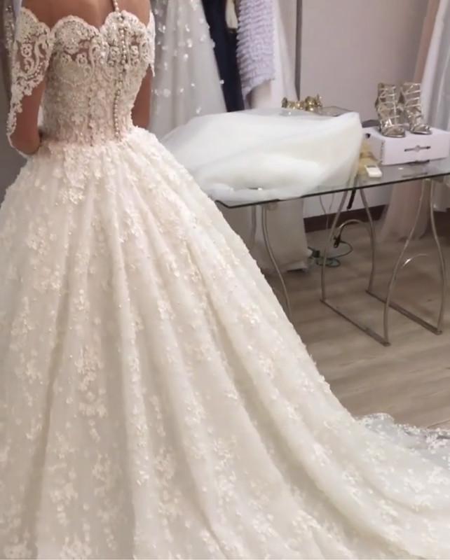 Illusion Neckline Long Sleeves Lace Wedding Dresses Ball Gowns