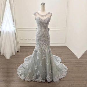 Elegant Silver Lace Bow Back Mermaid Evening Gown Dresses