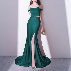 Mermaid Style Long Green Jersey Two Piece Prom Dresses 2018