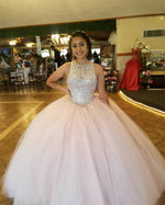 Load image into Gallery viewer, Sequin Beaded Scoop Neckline Tulle Backless Quinceanera Dresses Ball Gowns
