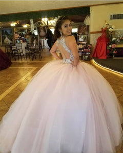 Sequin Beaded Scoop Neckline Tulle Backless Quinceanera Dresses Ball Gowns
