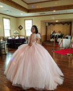Load image into Gallery viewer, Sequin Beaded Scoop Neckline Tulle Backless Quinceanera Dresses Ball Gowns

