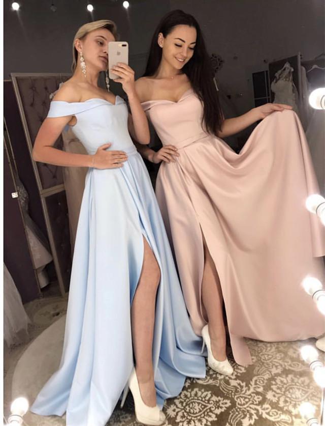 Long Bridesmaid Dresses Off Shoulder Satin Split Gowns