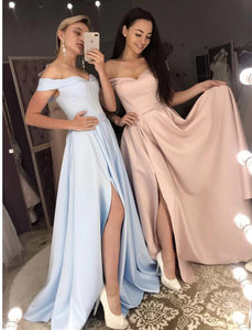 Long Bridesmaid Dresses Off Shoulder Satin Split Gowns