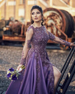 Load image into Gallery viewer, Lace Beaded Long Sleeves Evening Gown Split Satin Prom Dresses
