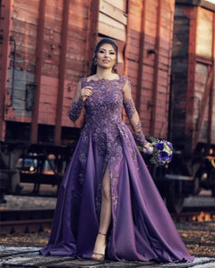 Lace Beaded Long Sleeves Evening Gown Split Satin Prom Dresses