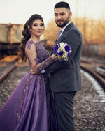 Load image into Gallery viewer, Lace Beaded Long Sleeves Evening Gown Split Satin Prom Dresses
