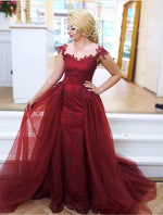 Afbeelding in Gallery-weergave laden, Modest Lace Appliques Cap Sleeves Tulle Mermaid Prom Dresses

