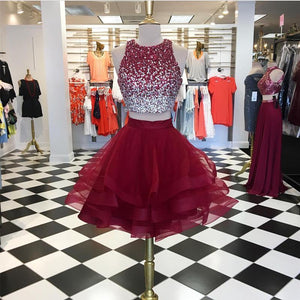 Ombre Sequins Beaded Ruffle Homecoming Dresses Two Piece