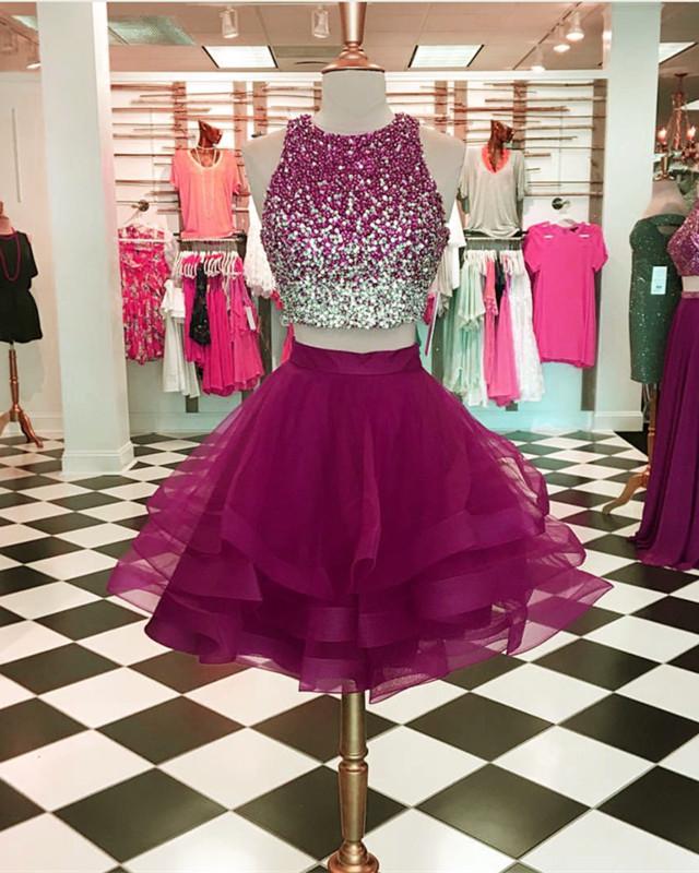 Ombre Sequins Beaded Ruffle Homecoming Dresses Two Piece