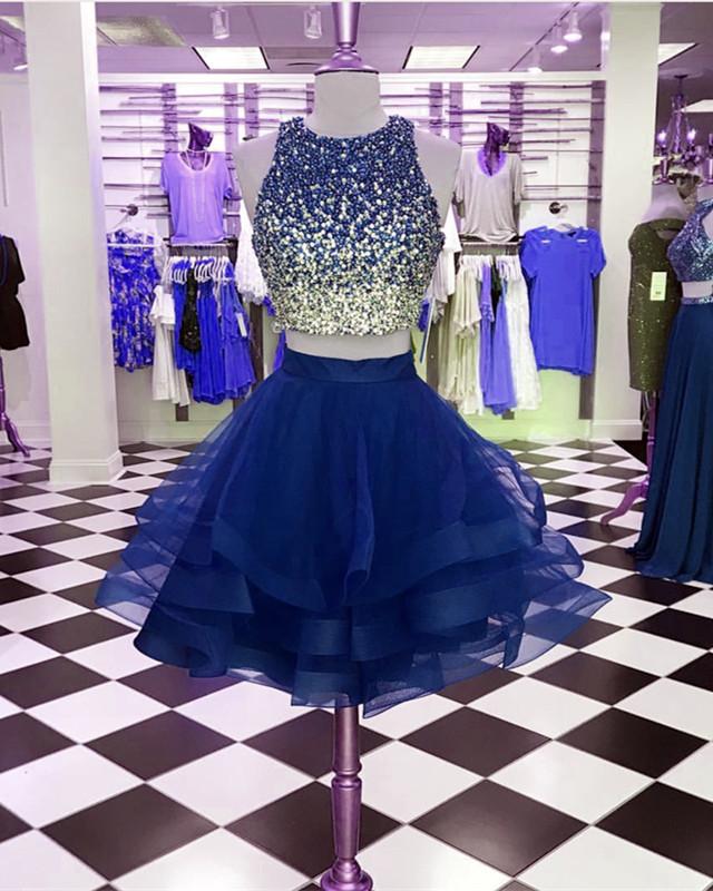 Ombre Sequins Beaded Ruffle Homecoming Dresses Two Piece