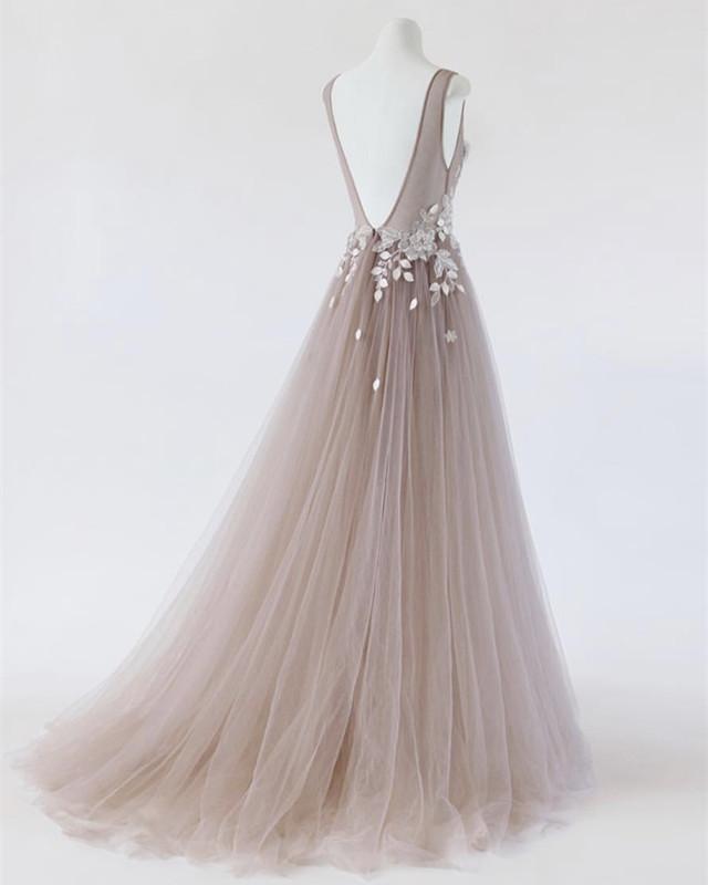 See Through Prom Dresses Tulle Embroidery Evening Gowns