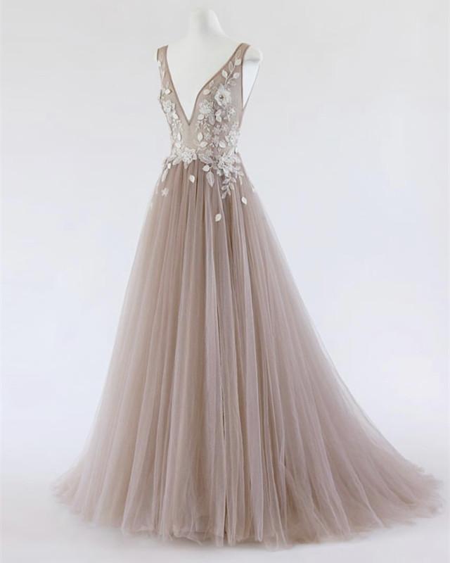 See Through Prom Dresses Tulle Embroidery Evening Gowns