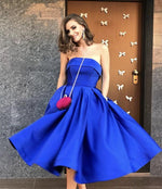 Afbeelding in Gallery-weergave laden, Gold Satin Strapless Ball Gowns Prom Dresses Knee Length Evening Dress
