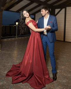 Sequins Lace Off Shoulder Long Satin Formal Prom Dresses