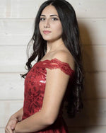 Load image into Gallery viewer, Sequins Lace Off Shoulder Long Satin Formal Prom Dresses
