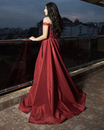 Load image into Gallery viewer, Burgundy-Evening-Dresses-Sequin-Lace-Off-Shoulder-Formal-Prom-Gowns

