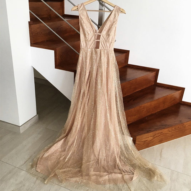 Sexy Plunge V-neck Long Sequins Prom Dresses