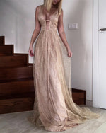 Afbeelding in Gallery-weergave laden, Sexy Plunge V-neck Long Sequins Prom Dresses
