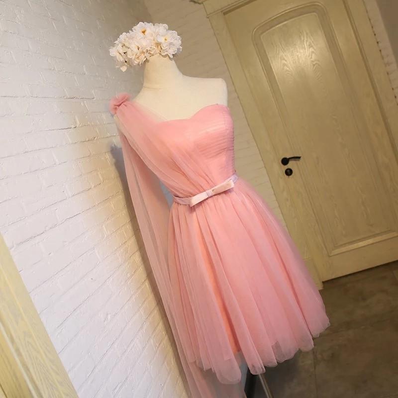 Short Pink Tulle Pleated Bridesmaid Dresses One Shoulder