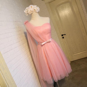 Short Pink Tulle Pleated Bridesmaid Dresses One Shoulder