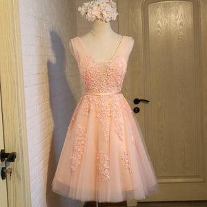 Double V Neck Short Coral Bridesmaid Dresses Lace Appliques