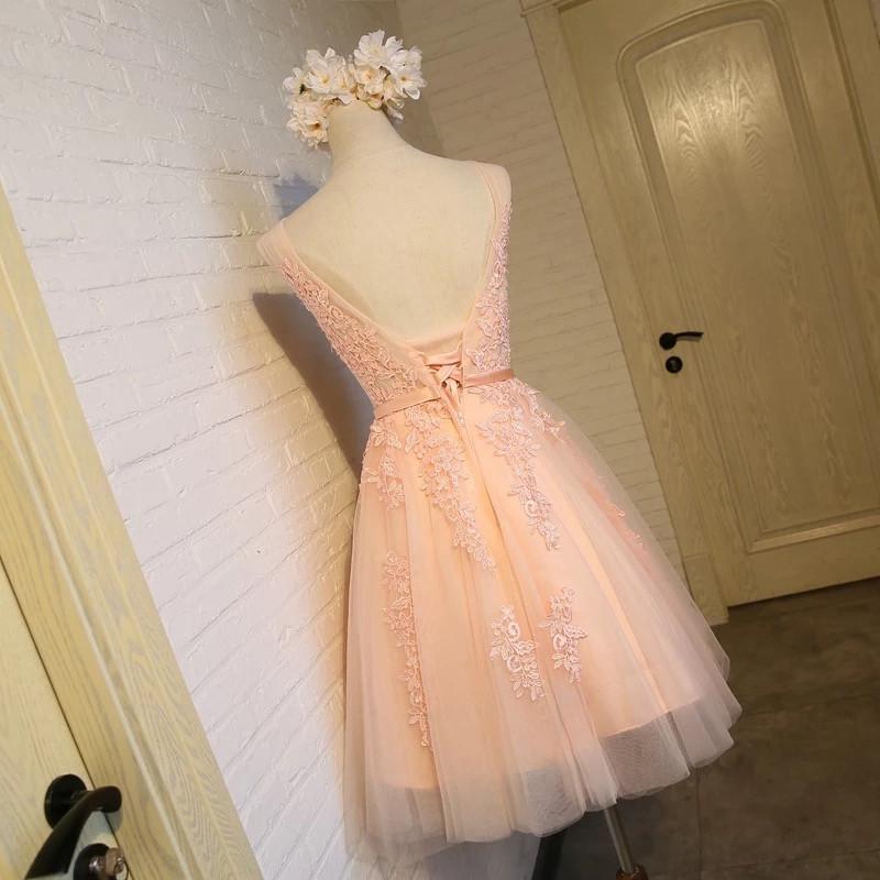 Double V Neck Short Coral Bridesmaid Dresses Lace Appliques