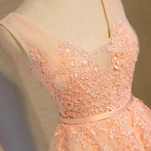 Double V Neck Short Coral Bridesmaid Dresses Lace Appliques