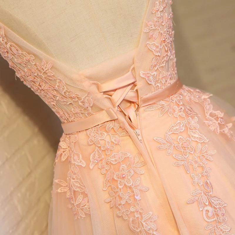 Double V Neck Short Coral Bridesmaid Dresses Lace Appliques