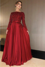 Load image into Gallery viewer, Long Sleeves Floor Length Satin Evening Dresses Sequin Beaded

