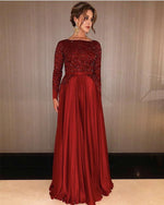 Cargar imagen en el visor de la galería, Long Sleeves Floor Length Satin Evening Dresses Sequin Beaded
