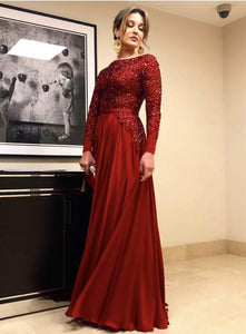 Long Sleeves Floor Length Satin Evening Dresses Sequin Beaded