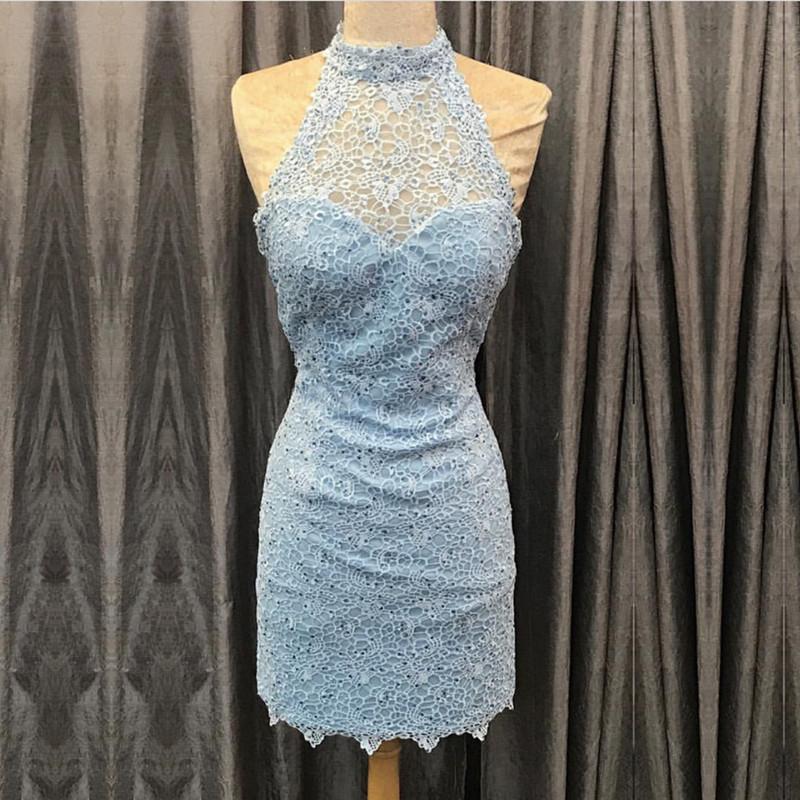 Elegant High Neck Open Back Lace Homecoming Dresses Sheath Party Dress