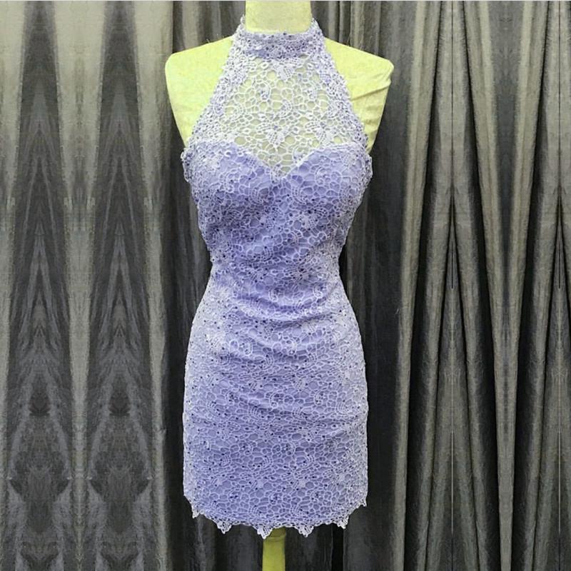 Elegant High Neck Open Back Lace Homecoming Dresses Sheath Party Dress