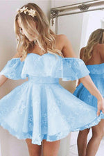 Load image into Gallery viewer, Elegant-Lace-Homecoming-Dresses-Baby-Blue-Cocktail-Dress

