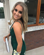Afbeelding in Gallery-weergave laden, Spaghetti Straps V-neck Long Green Lace Mermaid Prom Dresses
