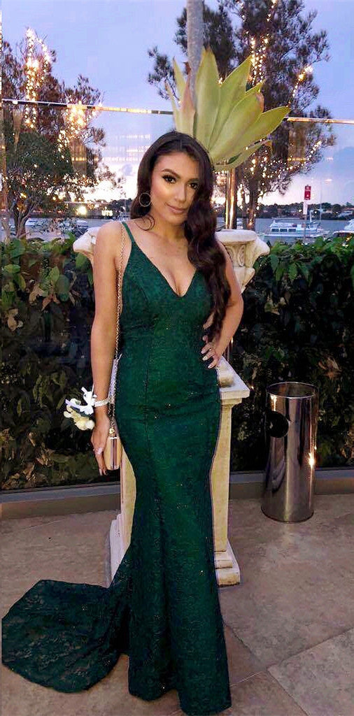 Spaghetti Straps V-neck Long Green Lace Mermaid Prom Dresses