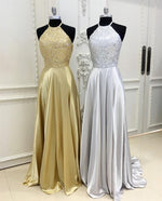 Load image into Gallery viewer, Sparkly Crystal Beaded Halter Long Satin Open Back Prom Dresses 2018

