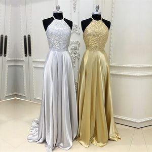 Sparkly Crystal Beaded Halter Long Satin Open Back Prom Dresses 2018
