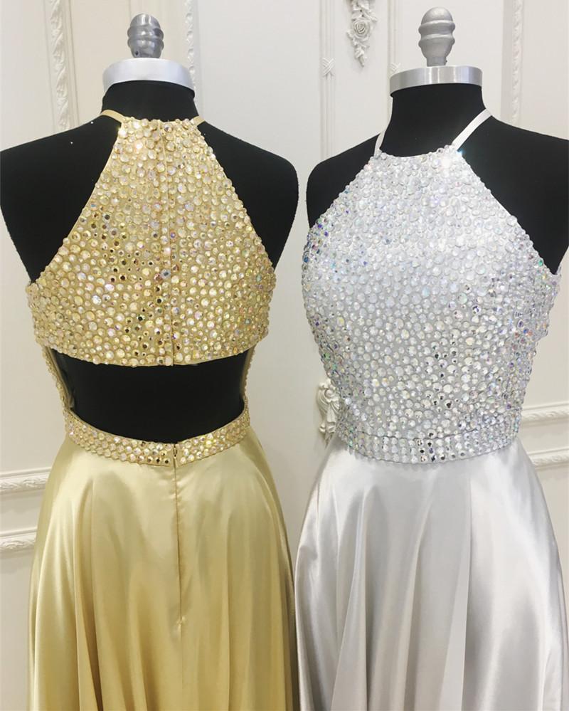 Sparkly Crystal Beaded Halter Long Satin Open Back Prom Dresses 2018